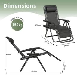 MCC Direct Set of 2 Zero Gravity Garden Recliner Chairs Outdoor Sun Lounger in Black - thumbnail 6