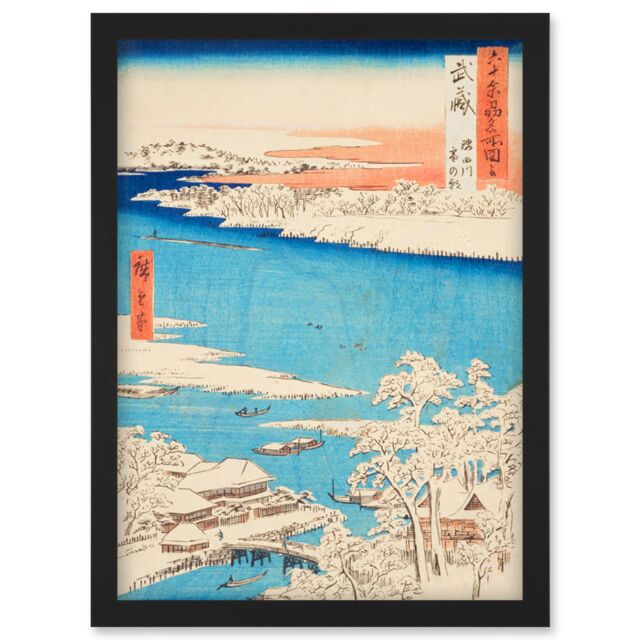 Artery8 Sumida River, Snowy Morning Musashi Province Utagawa Hiroshige Japan Woodblock Artwork Framed Wall Art Print A4 in Black - image 1