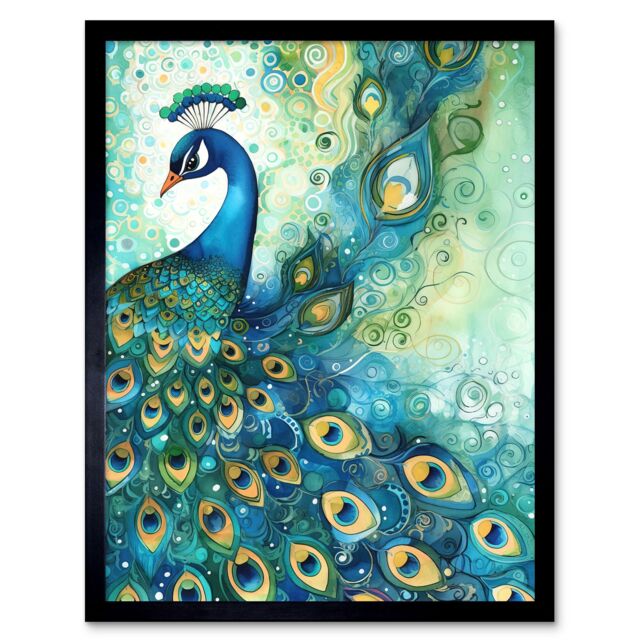 "Artery8 Wall Art Print Peacock Bird Concept Folk Art Watercolour Painting Art Framed in Black - Size: W12"" x H16""" - image 1