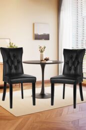 Living and Home Coffee Table Set of Round Dining Table & 2 PU Leather Dining Chairs in Black - thumbnail 1