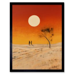 "Artery8 Wall Art Print Desert Landscape Sunset Sun Oil Painting Amber Orange Yellow Windswept Dunes Art Framed in Black - Size: W12"" x H16""" - thumbnail 1