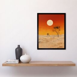 "Artery8 Wall Art Print Desert Landscape Sunset Sun Oil Painting Amber Orange Yellow Windswept Dunes Art Framed in Black - Size: W12"" x H16""" - thumbnail 2