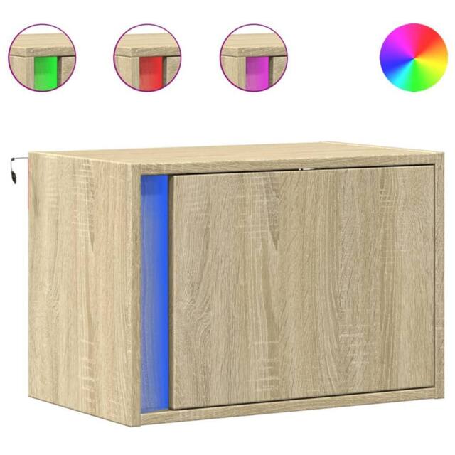 Berkfield Home Wall-mounted Bedside Cabinet with LED Lights Sonoma Oak in Light Brown - image 1