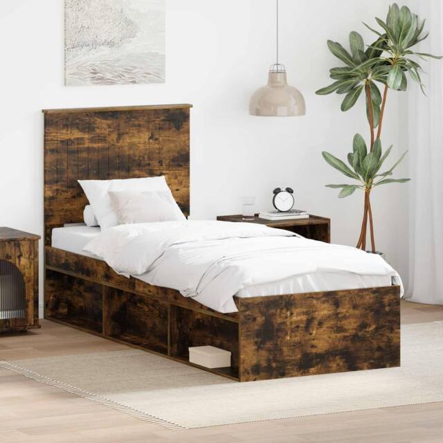 Berkfield Home Bed Frame with Headboard Smoked Oak 75 x 190 cm Solid Pine Wood in Brown - image 1