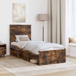 Berkfield Home Bed Frame with Headboard Smoked Oak 75 x 190 cm Solid Pine Wood in Brown - thumbnail 3