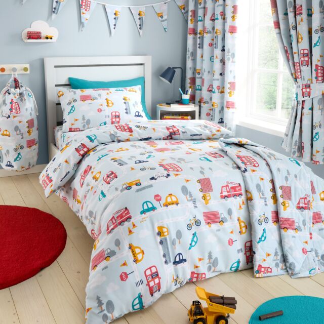 Happy Linen Company Road Trip Transport Cars Duvet Cover Quilt Bedding Set in Blue - Size: Toddler - image 1