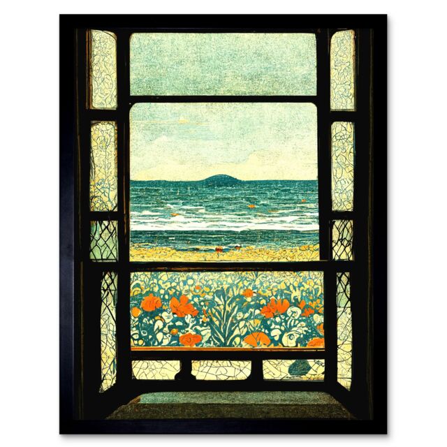 "Artery8 A Sea View Seaside Beach Flowers William Morris 12x16"" Framed Art - Size: W12"" x H16""" - image 1