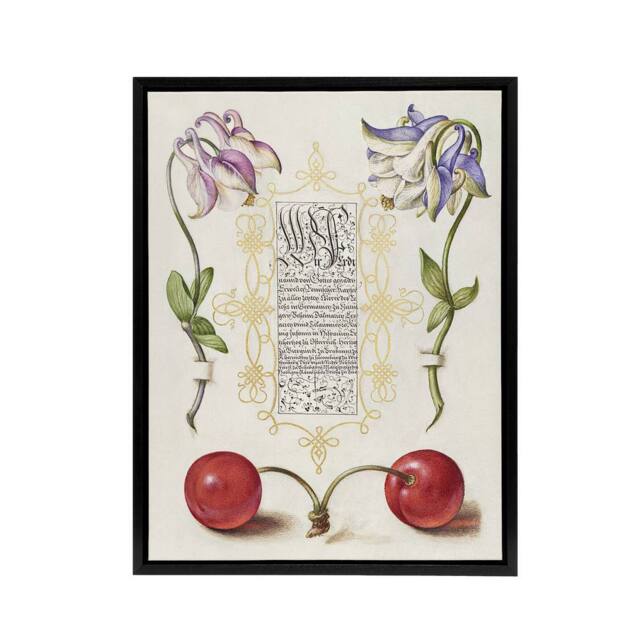 "Artery8 Columbines & Sweet Cherries Calligraphy Framed Canvas Wall Art Print in White - Size: W18"" x H24""" - image 1