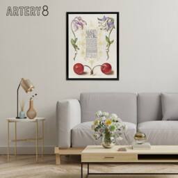 "Artery8 Columbines & Sweet Cherries Calligraphy Framed Canvas Wall Art Print in White - Size: W18"" x H24""" - thumbnail 3