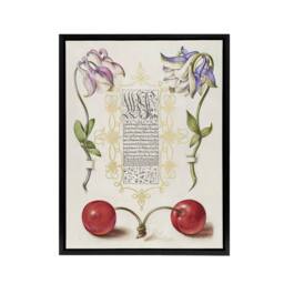 "Artery8 Columbines & Sweet Cherries Calligraphy Framed Canvas Wall Art Print in White - Size: W18"" x H24""" - thumbnail 1