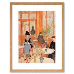 "Artery8 Wall Art Print A Bustling Parisian Cafe in the Style of Toulouse Lautrec Paris French Orange Artwork Framed 9X7 Inch - Size: W7"" x H9""" - thumbnail 1