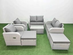 Fimous 8 Seater Outdoor Reclining Chair Love Sofa Set Rattan Garden Furniture Set with Rectangular Coffee Table 2 Big FootStools Light Grey - thumbnail 1