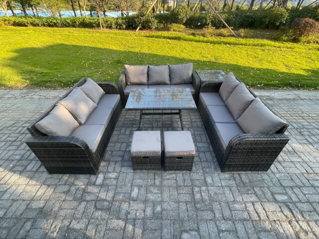 Fimous 11 Seater Wicker Rattan Garden Furniture Set with Rectangular Dining Table Side Table 2 Small Footstools Patio Outdoor Lounge Sofa Set - image 1
