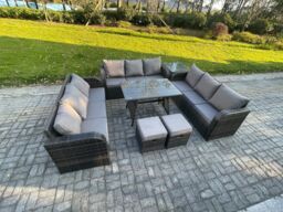 Fimous 11 Seater Wicker Rattan Garden Furniture Set with Rectangular Dining Table Side Table 2 Small Footstools Patio Outdoor Lounge Sofa Set - thumbnail 2