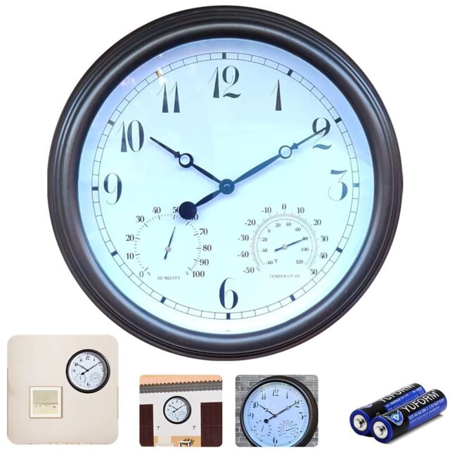 "Hinsinc Outdoor Arabic 15"" White Station Wall Clock with Thermometer Indoor New" - image 1