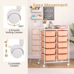 Gymax 10-Drawer Storage Cart Rolling Cart With Universal Wheel & Handle in Peach - thumbnail 8