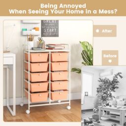 Gymax 10-Drawer Storage Cart Rolling Cart With Universal Wheel & Handle in Peach - thumbnail 6