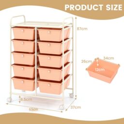 Gymax 10-Drawer Storage Cart Rolling Cart With Universal Wheel & Handle in Peach - thumbnail 2