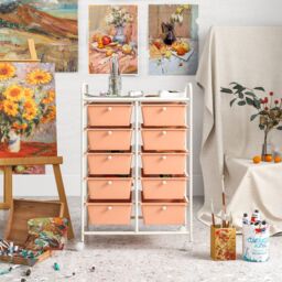 Gymax 10-Drawer Storage Cart Rolling Cart With Universal Wheel & Handle in Peach - thumbnail 3