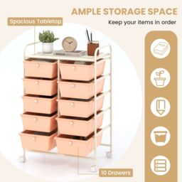 Gymax 10-Drawer Storage Cart Rolling Cart With Universal Wheel & Handle in Peach - thumbnail 7
