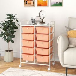 Gymax 10-Drawer Storage Cart Rolling Cart With Universal Wheel & Handle in Peach - thumbnail 5