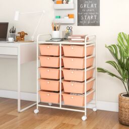 Gymax 10-Drawer Storage Cart Rolling Cart With Universal Wheel & Handle in Peach - thumbnail 4
