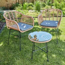 Home Source Bistro Set Natural Wicker Frame Black Steel Leg Glass Tabletop Outdoor - thumbnail 2