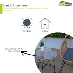 Home Source Bistro Set Natural Wicker Frame Black Steel Leg Glass Tabletop Outdoor - thumbnail 3