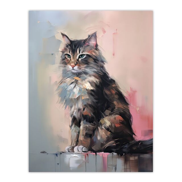 "Artery8 Wall Art Print Norwegian Forest Cat Perched on Wall Oil Painting Grey Pink Brown Elegant Pet Portrait Poster - Size: W18"" x H24""" - image 1