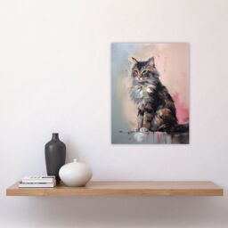"Artery8 Wall Art Print Norwegian Forest Cat Perched on Wall Oil Painting Grey Pink Brown Elegant Pet Portrait Poster - Size: W18"" x H24""" - thumbnail 4