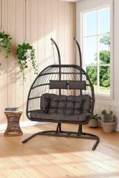 Garden Sanctuary Freestanding Outdoor Hanging 2-Seater Egg Chair in Black - thumbnail 2