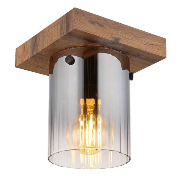 Netlighting Underwood Cylindrical Ceiling Light Wood Look Smoke Glass Shade 1x E27 in Brown - image 1
