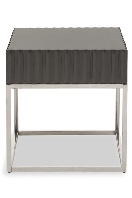 Orsina Grey Hi Gloss Finish Square End Table, Fluted Carved Tabletop With Polished Stainless Steel Frame - image 1
