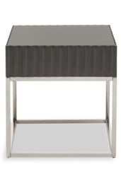 Orsina Grey Hi Gloss Finish Square End Table, Fluted Carved Tabletop With Polished Stainless Steel Frame