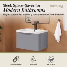 Balterley Wall Hung 1 Drawer Bathroom Vanity Unit & Basin, Satin Grey, 550mm in Grey - thumbnail 3