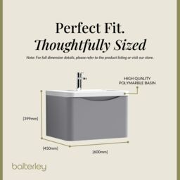 Balterley Wall Hung 1 Drawer Bathroom Vanity Unit & Basin, Satin Grey, 550mm in Grey - thumbnail 5