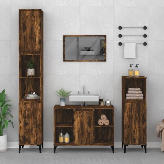 Berkfield Home 3 Piece Bathroom Furniture Set Smoked Oak Engineered Wood in Brown - image 1
