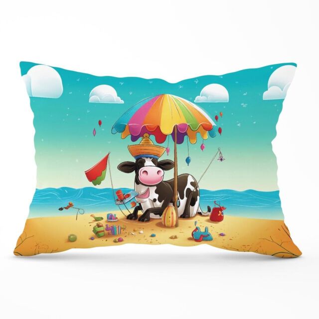 Warren Reed - Designer Cow On A Beach Holiday Cushions in Yellow - Size: 60 cm x 60 cm - image 1