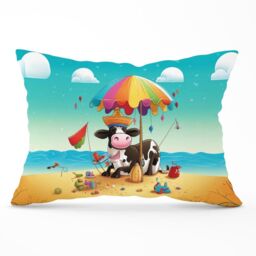 Warren Reed - Designer Cow On A Beach Holiday Cushions in Yellow - Size: 60 cm x 60 cm - thumbnail 1