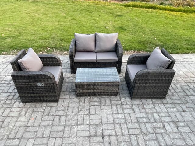 Fimous 4 PC Outdoor PE Rattan Garden Furniture Set Wicker Love Sofa Coffee Table 2 Armchair Dark Grey Mixed - image 1
