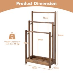 Costway 3-Tier Wooden Towel Rack Freestanding 3 Bars Towel Drying Holder Storage Shelf in Brown - Size: 50 cm x 80 cm - thumbnail 2
