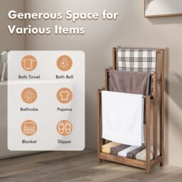 Costway 3-Tier Wooden Towel Rack Freestanding 3 Bars Towel Drying Holder Storage Shelf in Brown - Size: 50 cm x 80 cm - thumbnail 3
