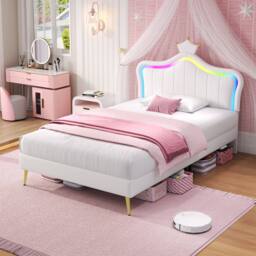 BTM PU Leather Upholstered Bed with LED Adjustable Crown Shape Headboard in White - Size: Single - thumbnail 3