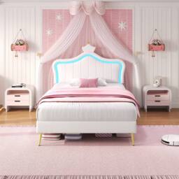 BTM PU Leather Upholstered Bed with LED Adjustable Crown Shape Headboard in White - Size: Single - thumbnail 2