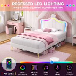 BTM PU Leather Upholstered Bed with LED Adjustable Crown Shape Headboard in White - Size: Single - thumbnail 4
