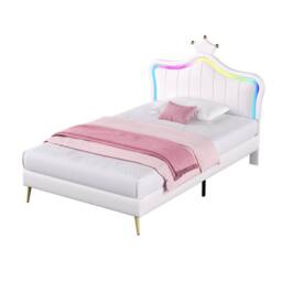 BTM PU Leather Upholstered Bed with LED Adjustable Crown Shape Headboard in White - Size: Single - thumbnail 9