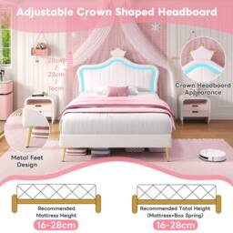 BTM PU Leather Upholstered Bed with LED Adjustable Crown Shape Headboard in White - Size: Single - thumbnail 5