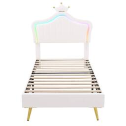 BTM PU Leather Upholstered Bed with LED Adjustable Crown Shape Headboard in White - Size: Single - thumbnail 7