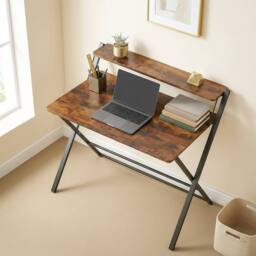 HOMCOM Folding Desk with 2-Tier Shelf for Home Office in Brown - thumbnail 1