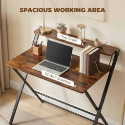 HOMCOM Folding Desk with 2-Tier Shelf for Home Office in Brown - thumbnail 6